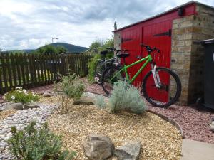 a green bike parked next to a red shed at Juniper Cottage in Clovenfords