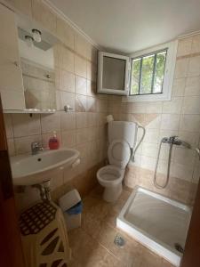 uma casa de banho com um WC, um lavatório e um espelho. em ANESIS I em Livadion