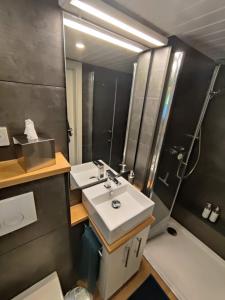 La salle de bains est pourvue d'un lavabo et d'une douche. dans l'établissement Tiny House Ithblick direkt am See, à Salzhemmendorf