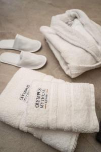 a white towel and a pair of shoes and towels at Olympus Mythical Resort in Skotina