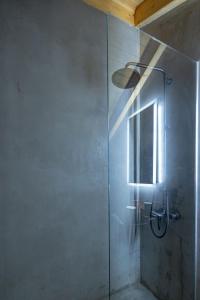 een badkamer met een douche en een glazen deur bij Evia Silence in Boufalo
