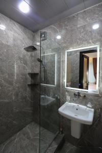 a bathroom with a sink and a glass shower at Hotel Evergreen in Borjomi