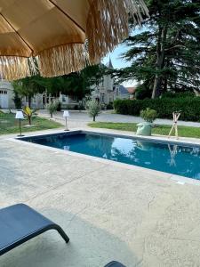 a swimming pool with a straw umbrella next to a house at Le Château de Leugny in Oiron