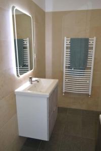 une salle de bain avec un lavabo, un miroir et une fenêtre dans l'établissement New Vintage house with Netflix Füge és könyvtár, à Keszthely