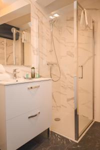 een witte badkamer met een douche en een wastafel bij Appartement de l'Arsenal in Mulhouse