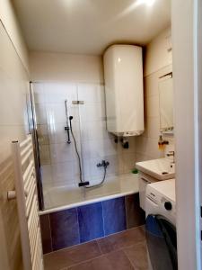 a bathroom with a shower and a sink at Zentrumsnahe Privatunterkunft Freistadt in Freistadt