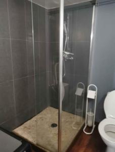 a bathroom with a glass shower with a toilet at Particulier in Palavas-les-Flots