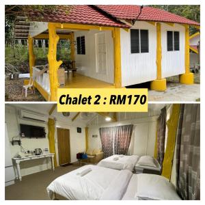 a bedroom with two beds and a small house at TERATAK AL QARNI in Jitra