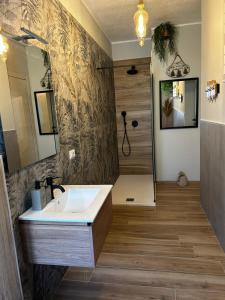 a bathroom with a sink and a shower at TROPICAL HOME PORTO CERESIO in Porto Ceresio