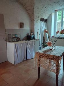 een keuken met een tafel en een aanrecht bij Magnanerie du Perrier : studio indépendant au pied des Cévennes in Pompignan