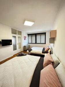 ドニー・ミラノヴァツにあるFamily Apartmanのベッド2台、薄型テレビが備わる客室です。