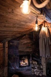 a living room with a fireplace in a wooden cabin at Troadkasten - Nationalpark Kalkalpen in Ramsau