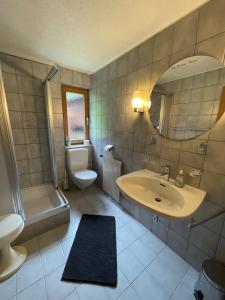a bathroom with a sink and a toilet and a mirror at Haus St. Martin in Klösterle