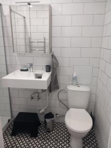 a bathroom with a white toilet and a sink at Blue Chill Apartment in Liepāja