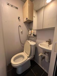 La petite salle de bains est pourvue de toilettes et d'un lavabo. dans l'établissement 泰豪賓館, à Hong Kong