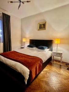 a bedroom with a large bed and two lamps at Dream Home in Turda