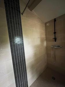 a shower with a glass door in a bathroom at Maison cosy avec parking gratuit in Jarnac
