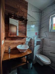 a bathroom with a sink and a toilet at Вила Перуле Villa Perule - Handmade cozy wooden villa in the Rhodope mountain in Shumnatitsa