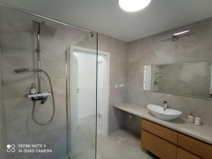 y baño con ducha acristalada y lavamanos. en Velobaltica apartmenty en Wisełka