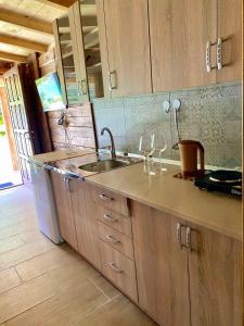 a kitchen with a sink and a counter with wine glasses at Rustic Heaven Ostrožac Cottage houses in Jablanica