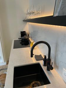 a kitchen counter with a sink and wine glasses at Paris 8 golden triangle - fancy brand new appt in historic building in Paris