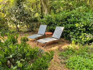 2 sillas y una mesa en un jardín en Huisje aan de Bosrand - Veluwe, en Epe