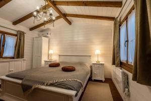 1 dormitorio con 1 cama con 2 almohadas en Flori Haus Saschiz, en Saschiz