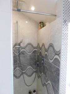 een douche in een badkamer met een glazen deur bij Tina apartman in Prnjavor
