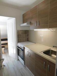 a kitchen with wooden cabinets and a sink at Tina apartman in Prnjavor