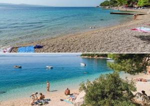 two pictures of a beach with people in the water at Beachfront XXL - 2 Apartments Together - in Lokva Rogoznica