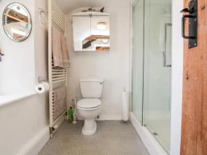 un baño con inodoro y ducha en The Old Forge Cottage, en Bude 14 fotos más