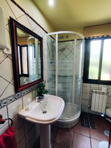 La salle de bains est pourvue d'une douche et d'un lavabo. dans l'établissement La Pérgola, à La Cabrera