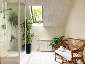 a bathroom with a chair and a shower with plants at Halicz in Karpacz