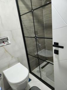 uma casa de banho com um WC e uma cabina de duche em vidro. em Sahil dairesi em Atakum