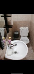 een badkamer met een witte wastafel en een toilet bij Lake apartments in Struga