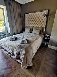 a bedroom with a large bed with a large headboard at Hotel Bellevue in Charzykowy