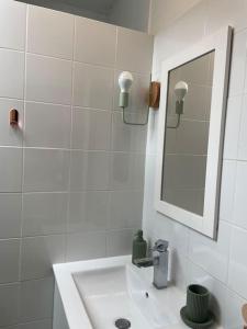 La salle de bains blanche est pourvue d'un lavabo et d'un miroir. dans l'établissement La Grangette, à Béduer