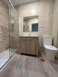 uma casa de banho com um WC, um lavatório e um chuveiro em Sky Garden Málaga Centro em Málaga