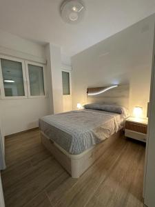 um quarto com uma cama grande e 2 candeeiros em Sky Garden Málaga Centro em Málaga