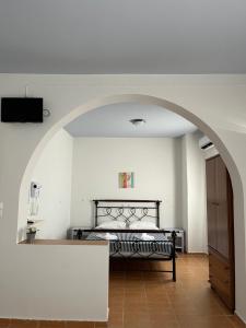 um quarto com uma cama no meio de um quarto em Hotel Petradi em Ios Chora