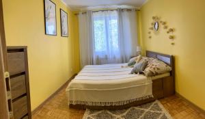um quarto com uma cama com paredes amarelas e uma janela em Apartament Omega I em Giżycko
