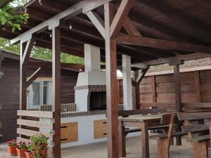an outdoor kitchen with a wood fired pizza oven at Pensiunea Aurelia in Şiria