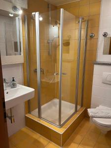 una doccia con porta in vetro in bagno di Truchtling Appartements a Seeon-Seebruck