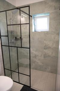 y baño con ducha y puerta de cristal. en Emma Apartamenty, en Gostyń