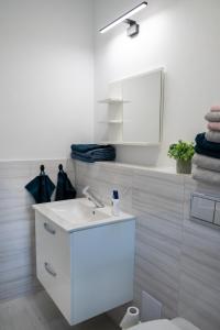 a bathroom with a white sink and a mirror at Emma Apartamenty in Gostyń