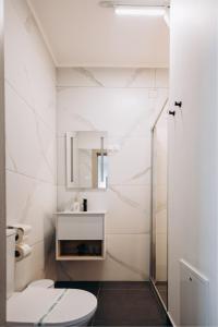 a white bathroom with a toilet and a shower at Pensiunea Brici Junior in Cluj-Napoca