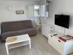 a living room with a couch and a tv at Entre bassin et forêt in La Teste-de-Buch