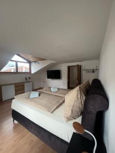 ein Schlafzimmer mit einem großen Bett und einem Sofa in der Unterkunft Mountain View Apartment in Innsbruck