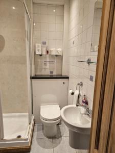 愛丁堡的住宿－史密斯旅館，浴室配有卫生间、盥洗盆和淋浴。
