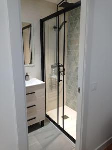 La salle de bains est pourvue d'une douche, d'un lavabo et d'un miroir. dans l'établissement Apartamento Vista Bella, à Madrid
